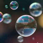 Colorful soap bubbles with iridescent reflections on dark background