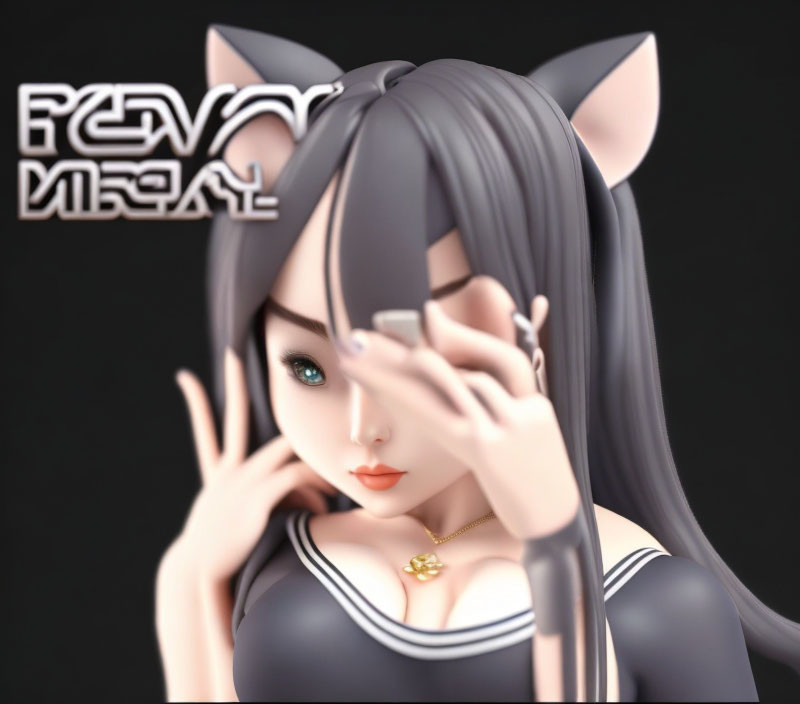 Grey-haired anime character with cat ears in black dress holding fringe.