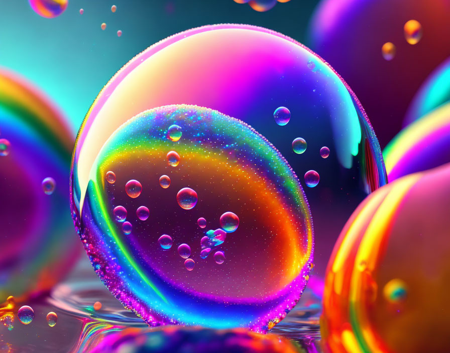 Colorful glossy bubbles reflecting light on blurred background