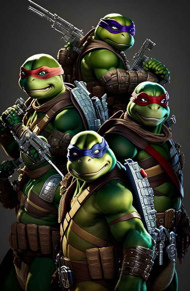 Three anthropomorphic turtles in colored bandanas and ninja gear with weapons in a confident pose