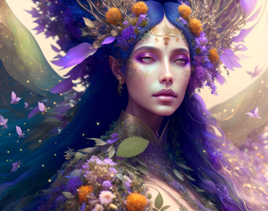 Purple-skinned mystical female surrounded by flowers and butterflies in a fantastical scene