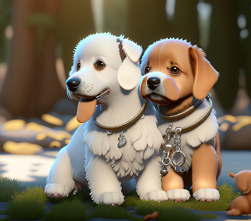 Two animated puppies with shiny collars in a serene forest setting