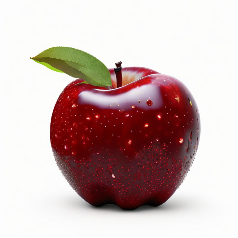 Fresh red apple with water droplets and green leaf on white background