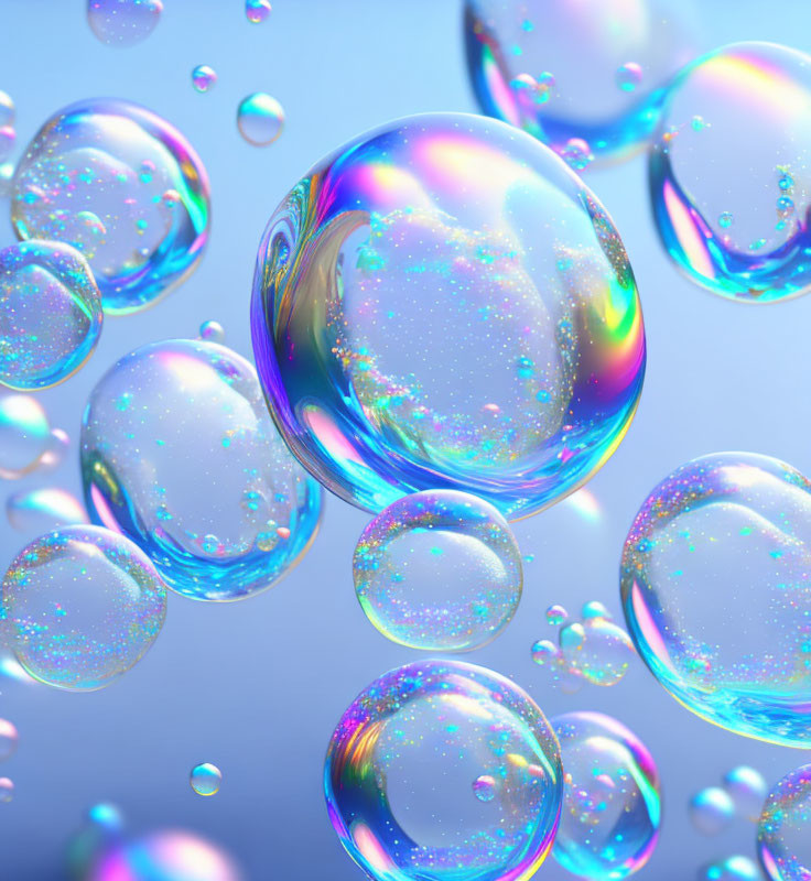 Iridescent soap bubbles on light blue background