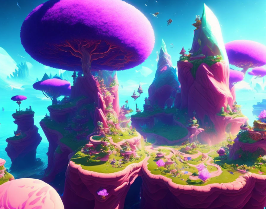 Fantasy landscape with floating islands and oversized mushrooms