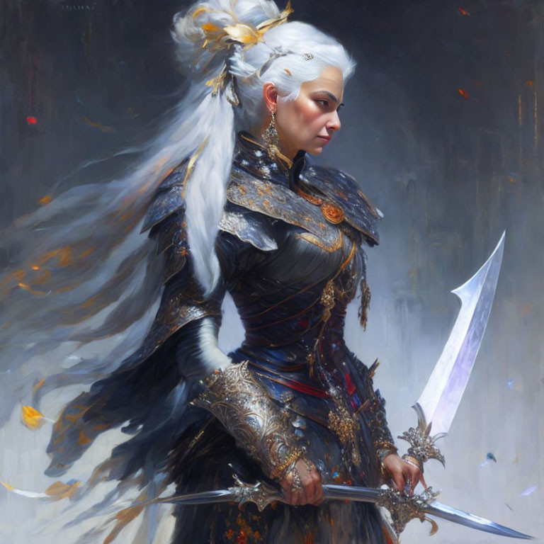 Illustrated female warrior with white hair and sword in ornate armor among floating leaves