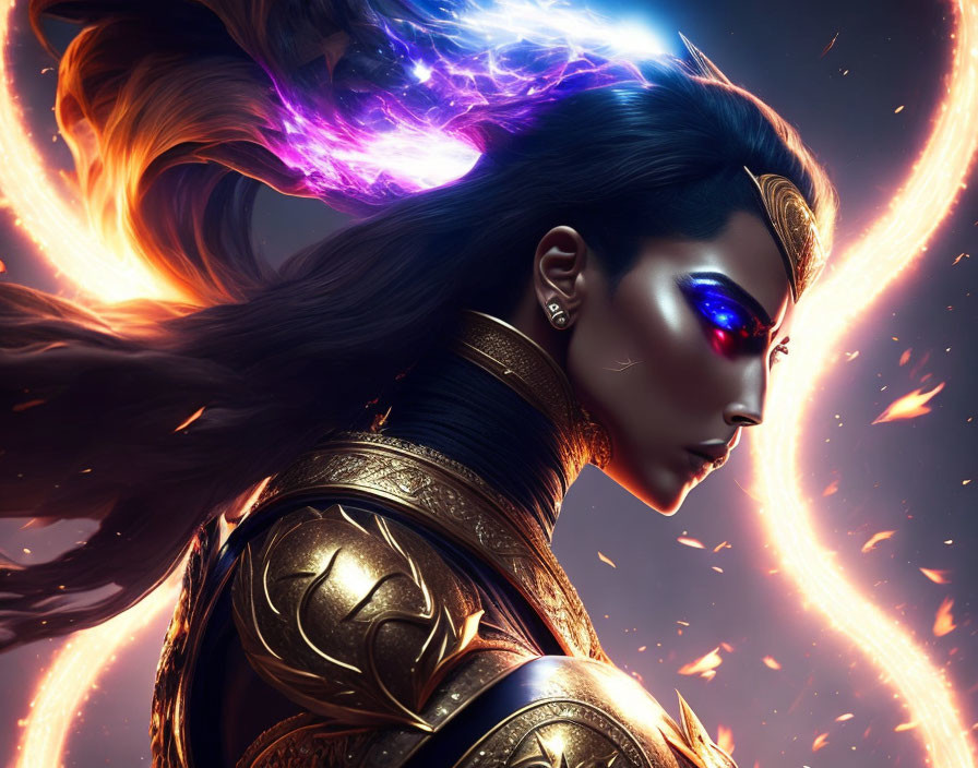 Female warrior with blue eyes and glowing mark, cosmic energy hair, fiery backdrop