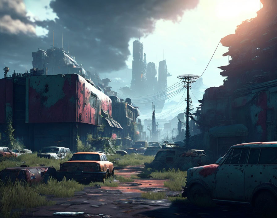 Dystopian urban landscape with derelict cars, overgrown vegetation, and dilapidated buildings