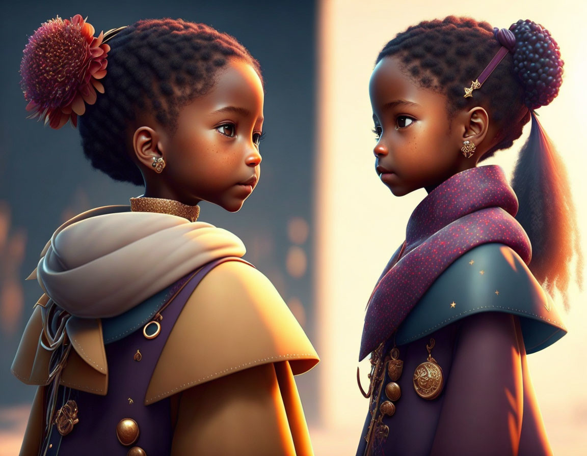 Detailed Braided Hairstyles on Two Young Girls in Regal Clothing