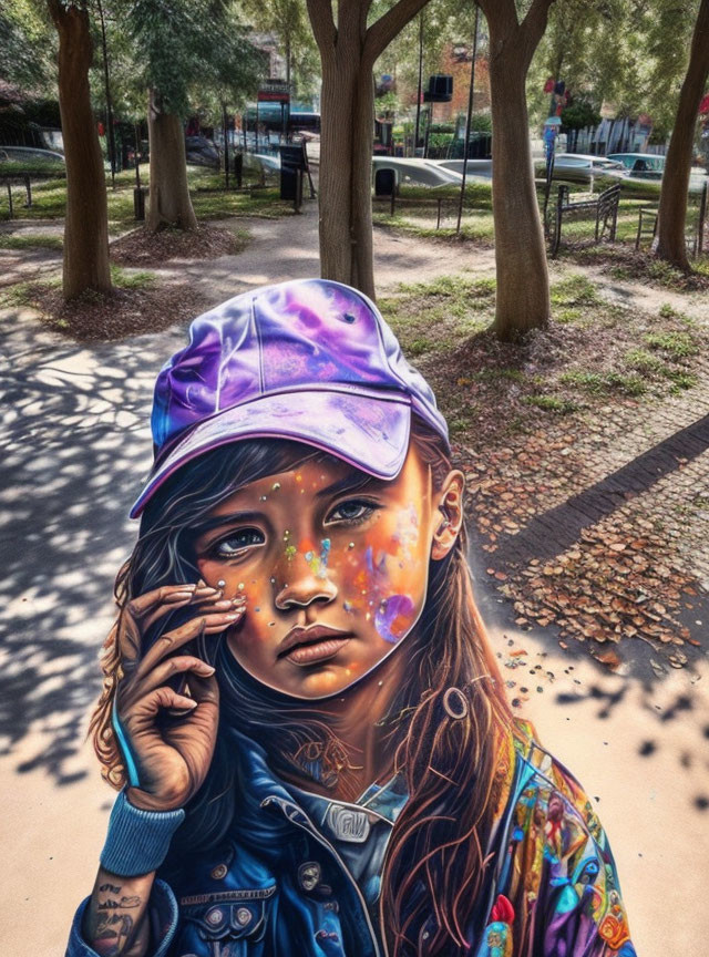 Detailed Street Art Mural of Girl with Cap and Paint Splatters