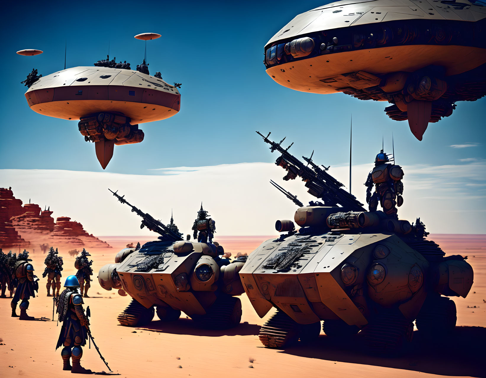 Futuristic armored tanks and troops in desert with hovering spaceships