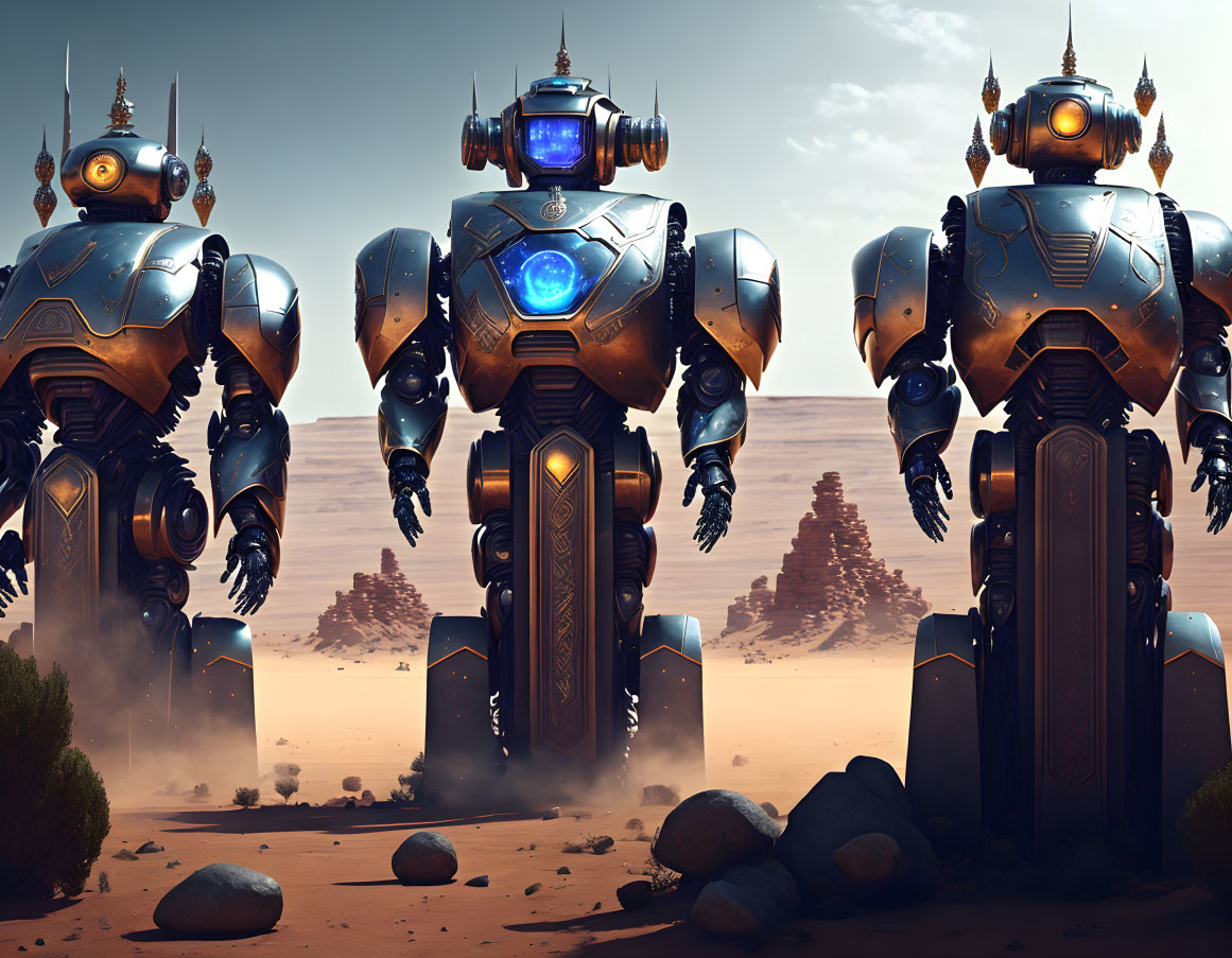 Three Large Futuristic Robots with Detailed Armor Plating in Desert