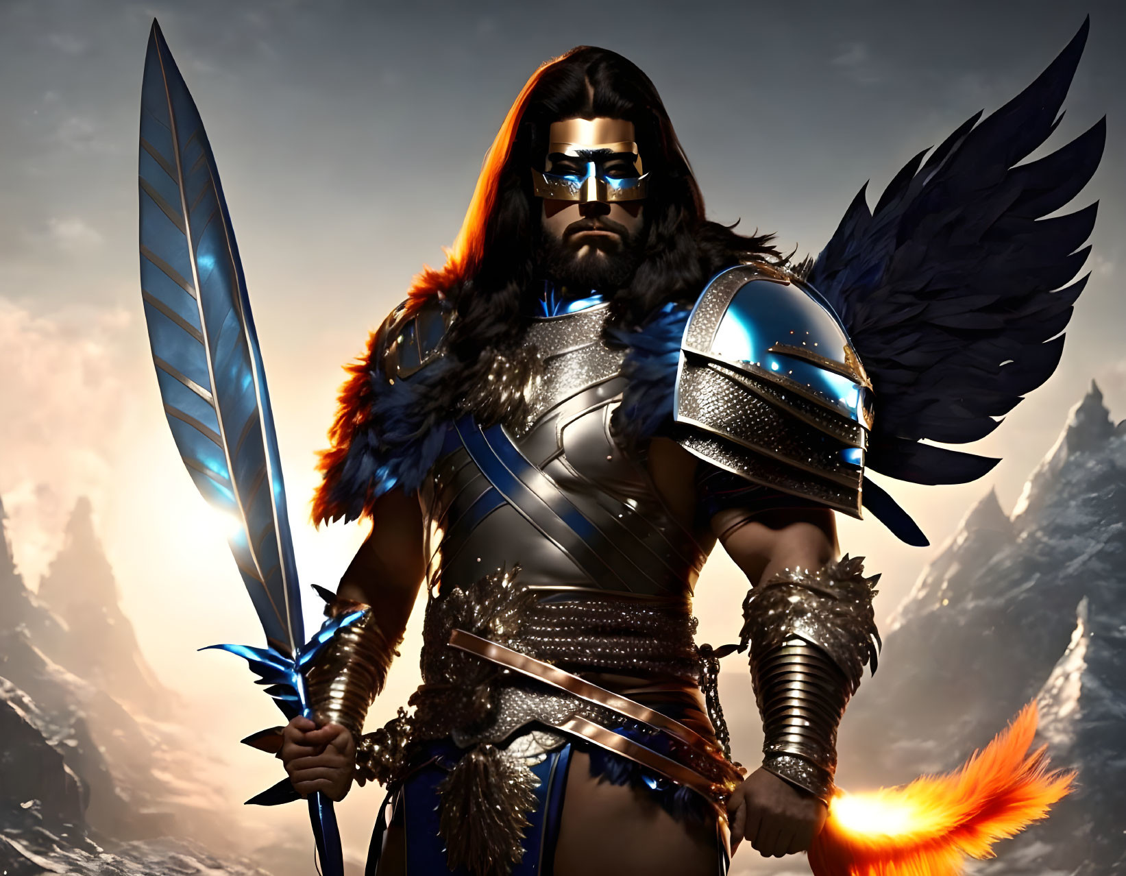 Feathered helmet warrior with fiery sword and winged armor in mountainous setting