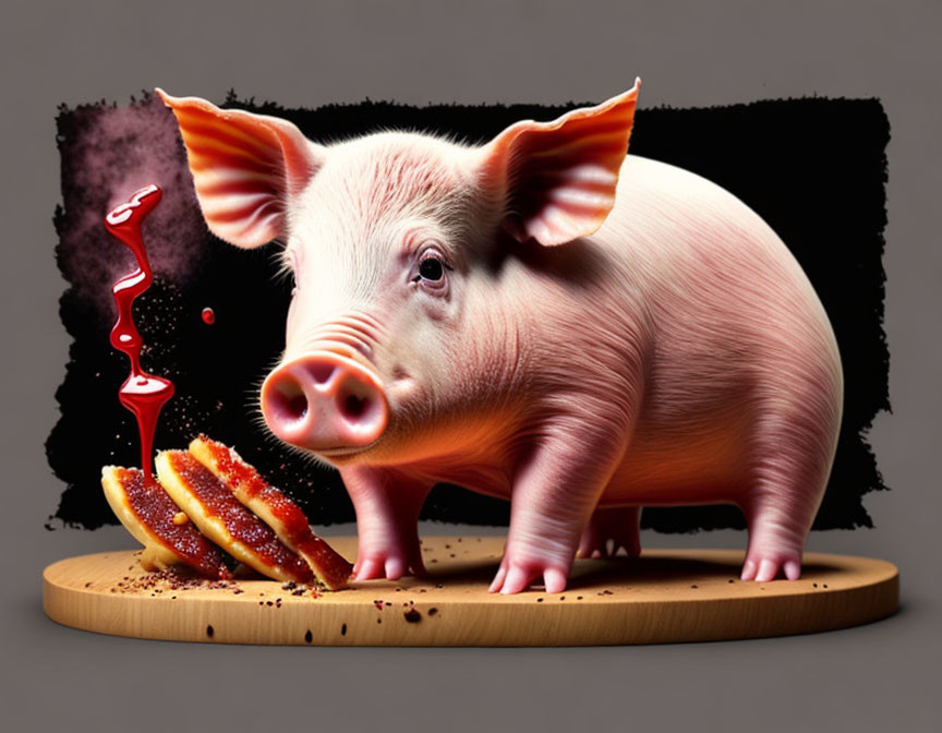 Whimsical digital artwork of piglet with sausages on wooden board