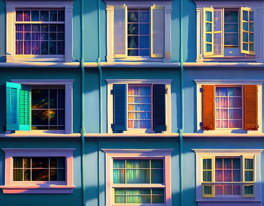 Vibrant blue building facade with colorful shutters under warm lighting