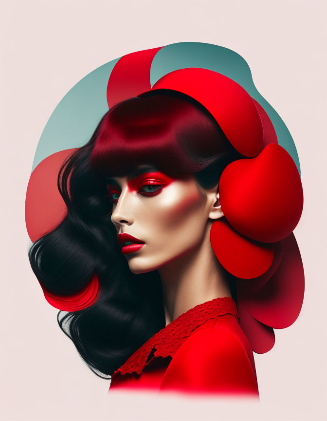 Stylized portrait of woman with dark hair, red lipstick, and bold eyeshadow against abstract