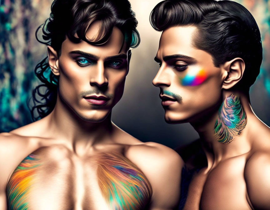 Stylized men with colorful body paint and peacock feather motif in close pose