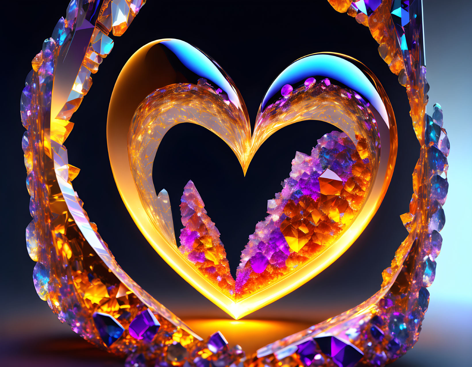 Colorful Crystal Heart with Glowing Center Surrounded by Gemstone Shards