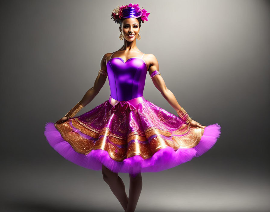 Smiling dancer in purple and gold costume on grey background