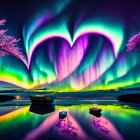 Colorful heart-shaped aurora borealis over serene lake with boat