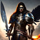 Feathered helmet warrior with fiery sword and winged armor in mountainous setting