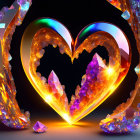 Colorful Crystal Heart with Glowing Center Surrounded by Gemstone Shards