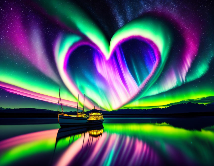 Colorful heart-shaped aurora borealis over serene lake with boat