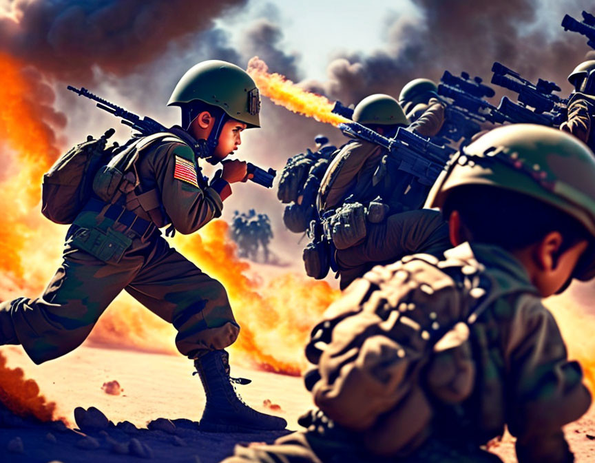 Military soldiers in combat uniforms firing weapons amidst explosion.