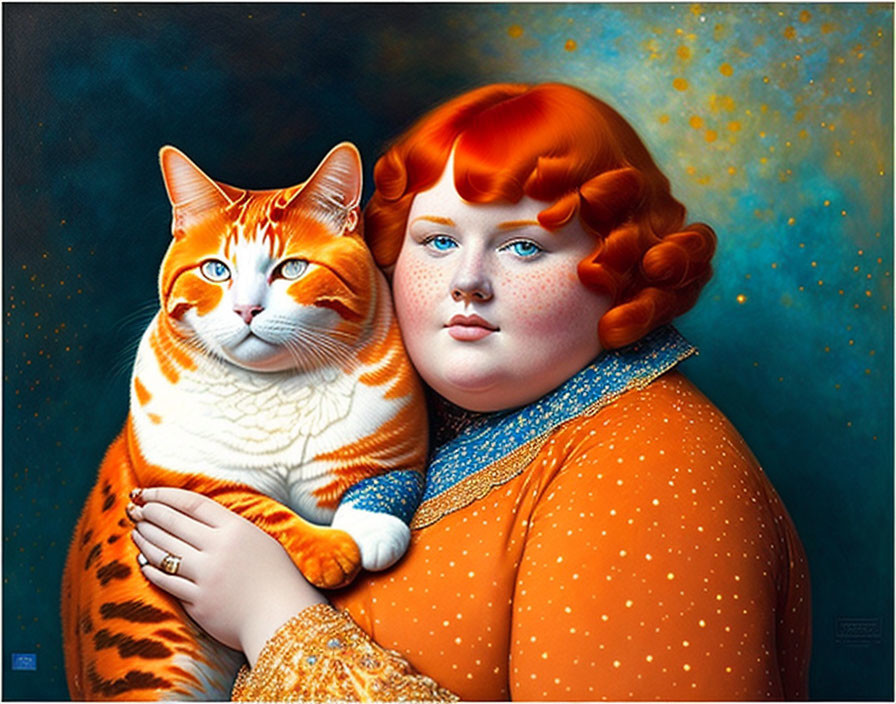 Red-Haired Girl with Orange Cat in Vibrant Painting