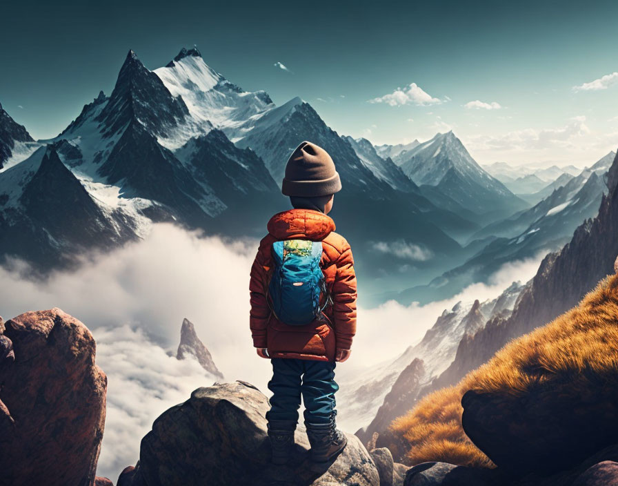 Child in warm jacket and beanie admires cloudy mountain range