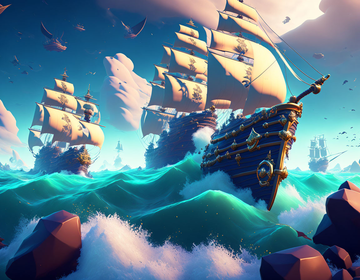 Stylized tall ships on high seas with dynamic waves and vibrant blue sky.