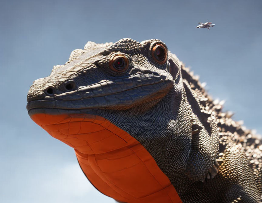 Detailed Realistic Iguana Model with Orange Underbelly against Blue Sky