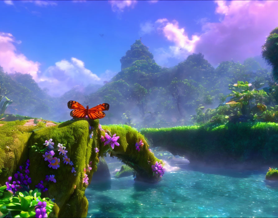 Colorful butterfly flying over lush landscape with river, mountains, and purple blooms