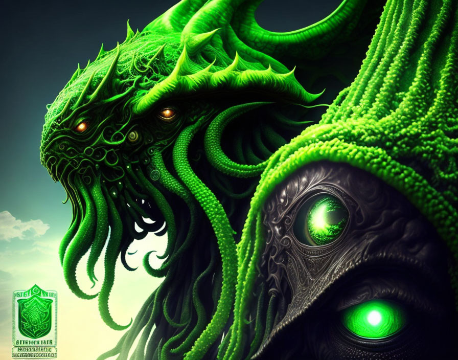 Detailed Illustration of Mythical Green Dragon with Glowing Eyes and Shadowy Figures