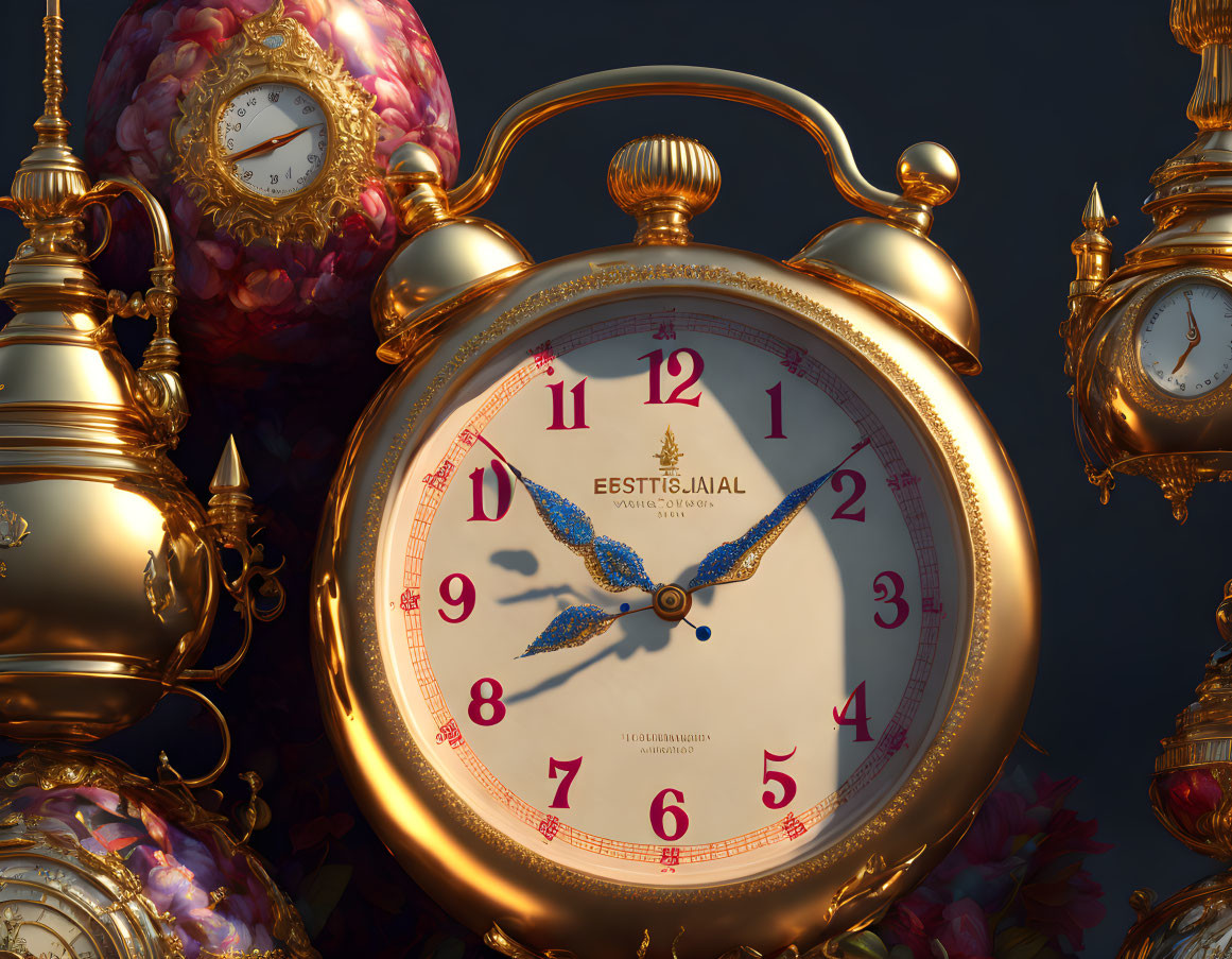 Classic Golden Alarm Clock Among Ornate Designs on Dark Background