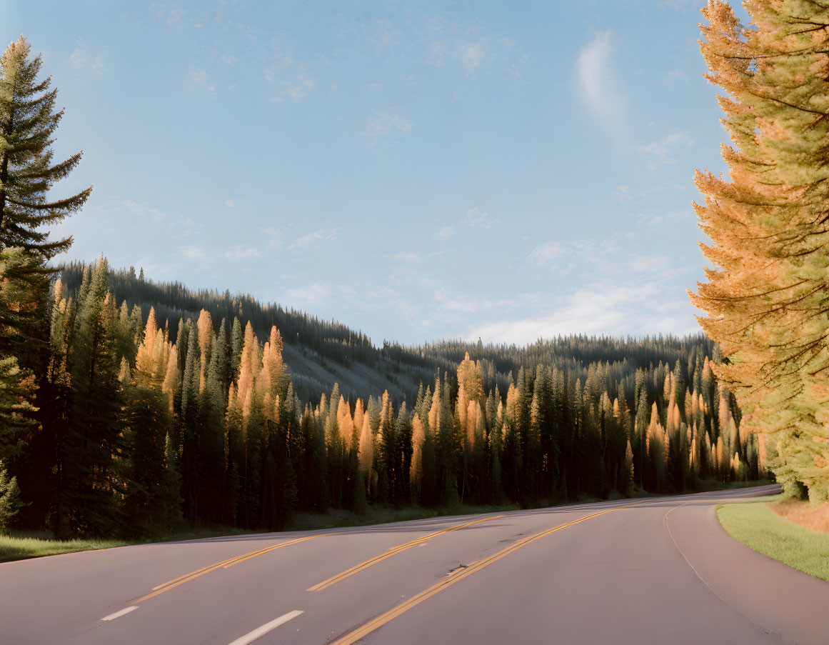 Curving Road Through Sunlit Evergreen Forest