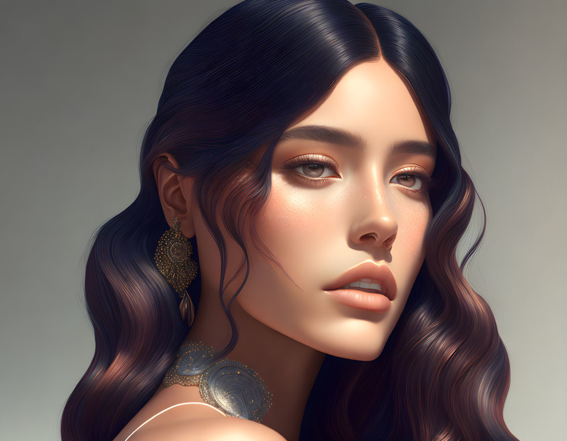 Portrait of woman with long wavy dark hair and golden accessories