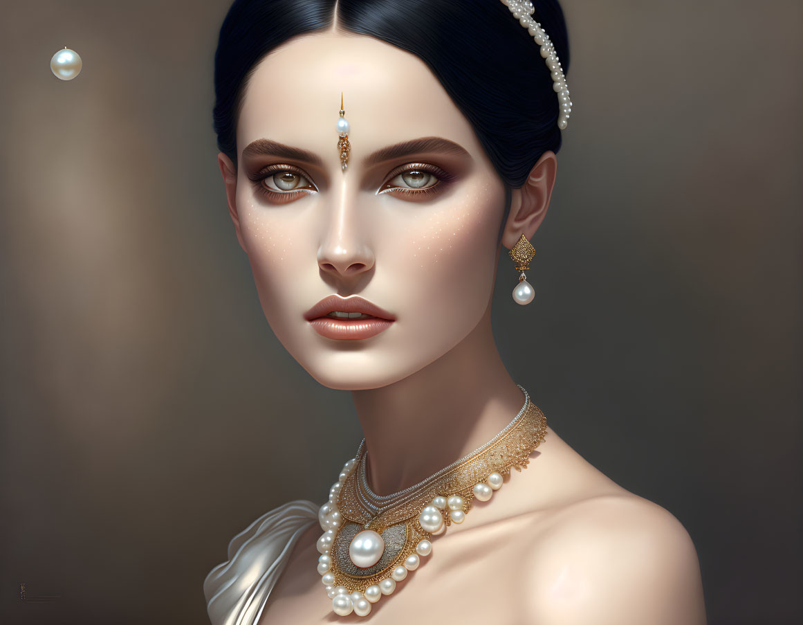 Dark-haired woman adorned with pearl jewelry and maang tikka in digital portrait