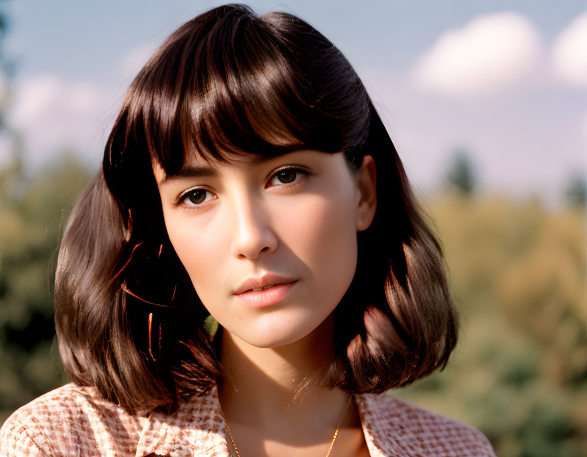 Portrait of young woman with bob haircut and bangs in patterned top, necklace, looking at camera