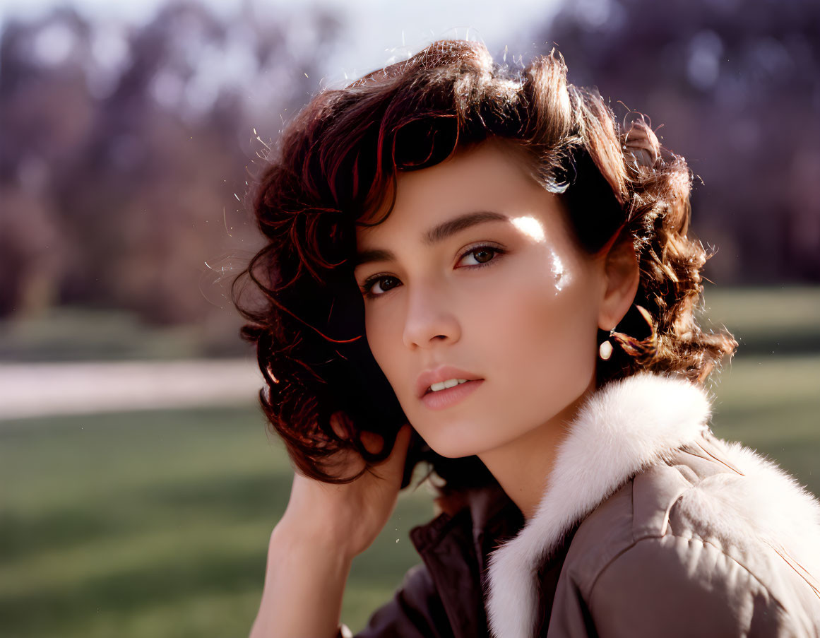 Woman with Curly Hair and Fur Collar Jacket Outdoors