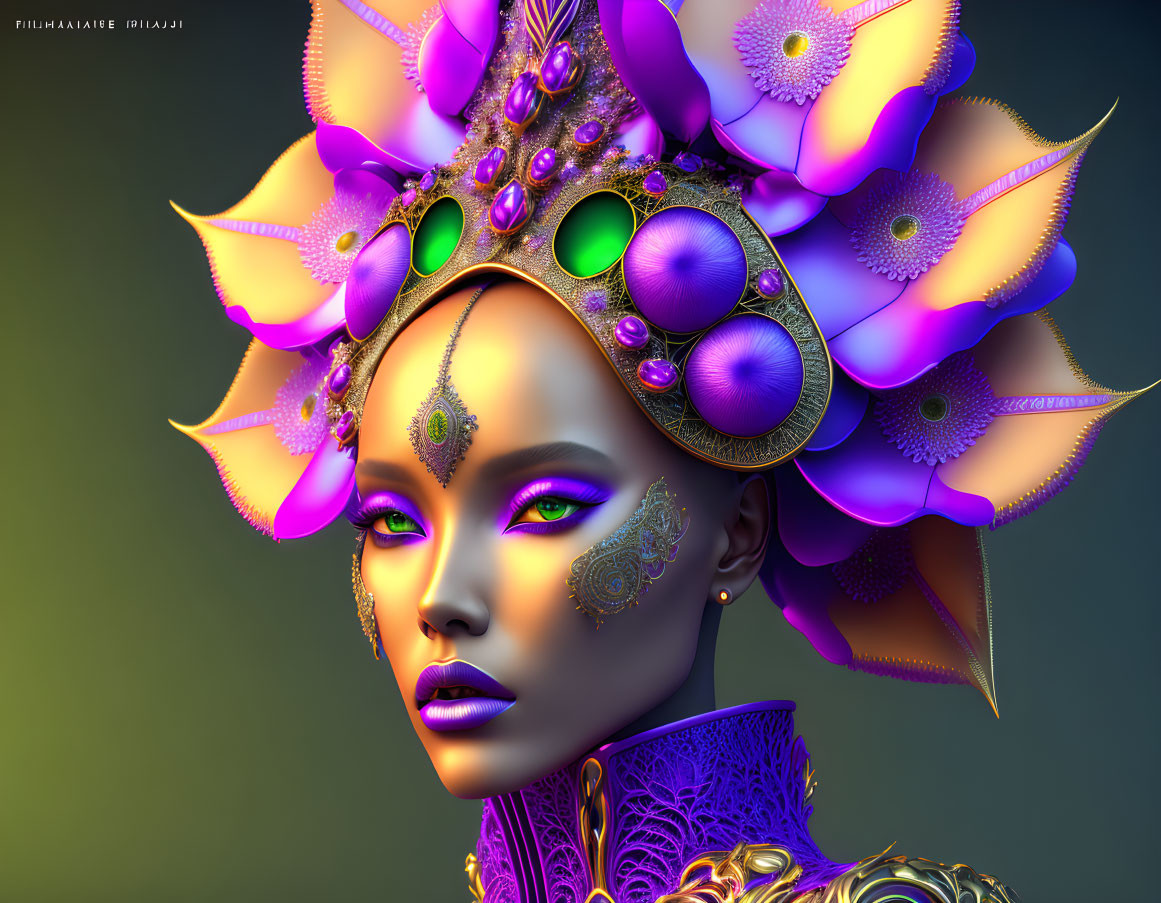 Colorful digital portrait featuring model with purple and gold headgear and peacock feathers.