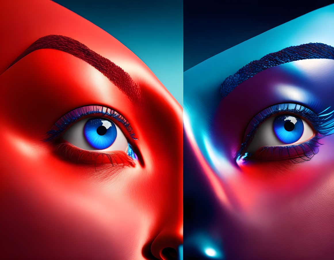 Vivid surreal artwork: human eyes with bright blue irises on red and blue backgrounds