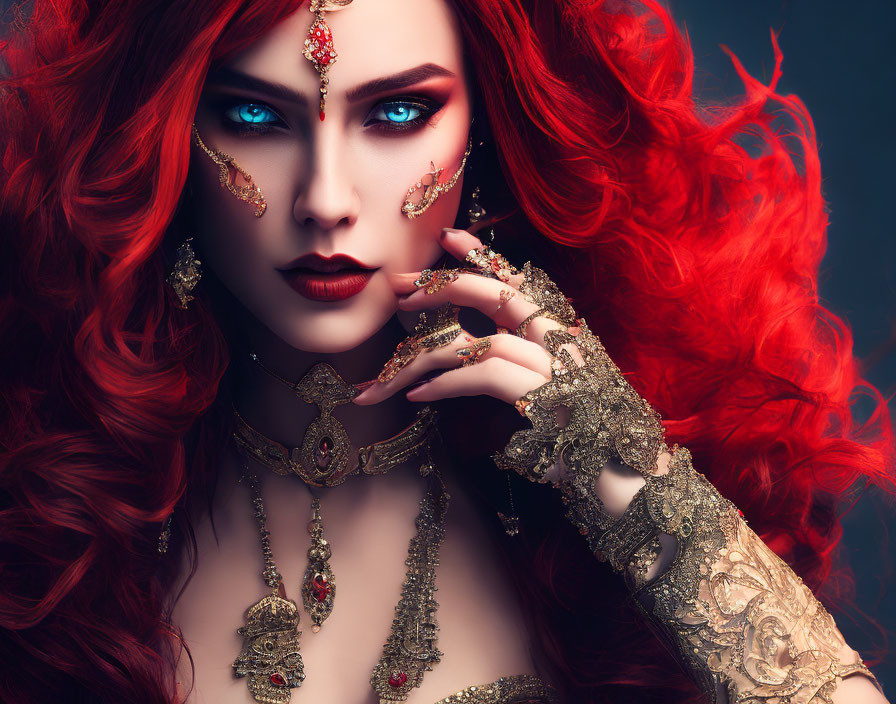 Fiery red-haired woman in ornate golden jewelry