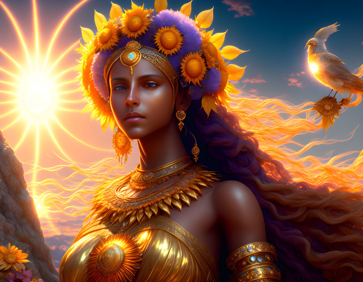 Female figure with sun-like halo and golden armor in fiery sunset sky with bird