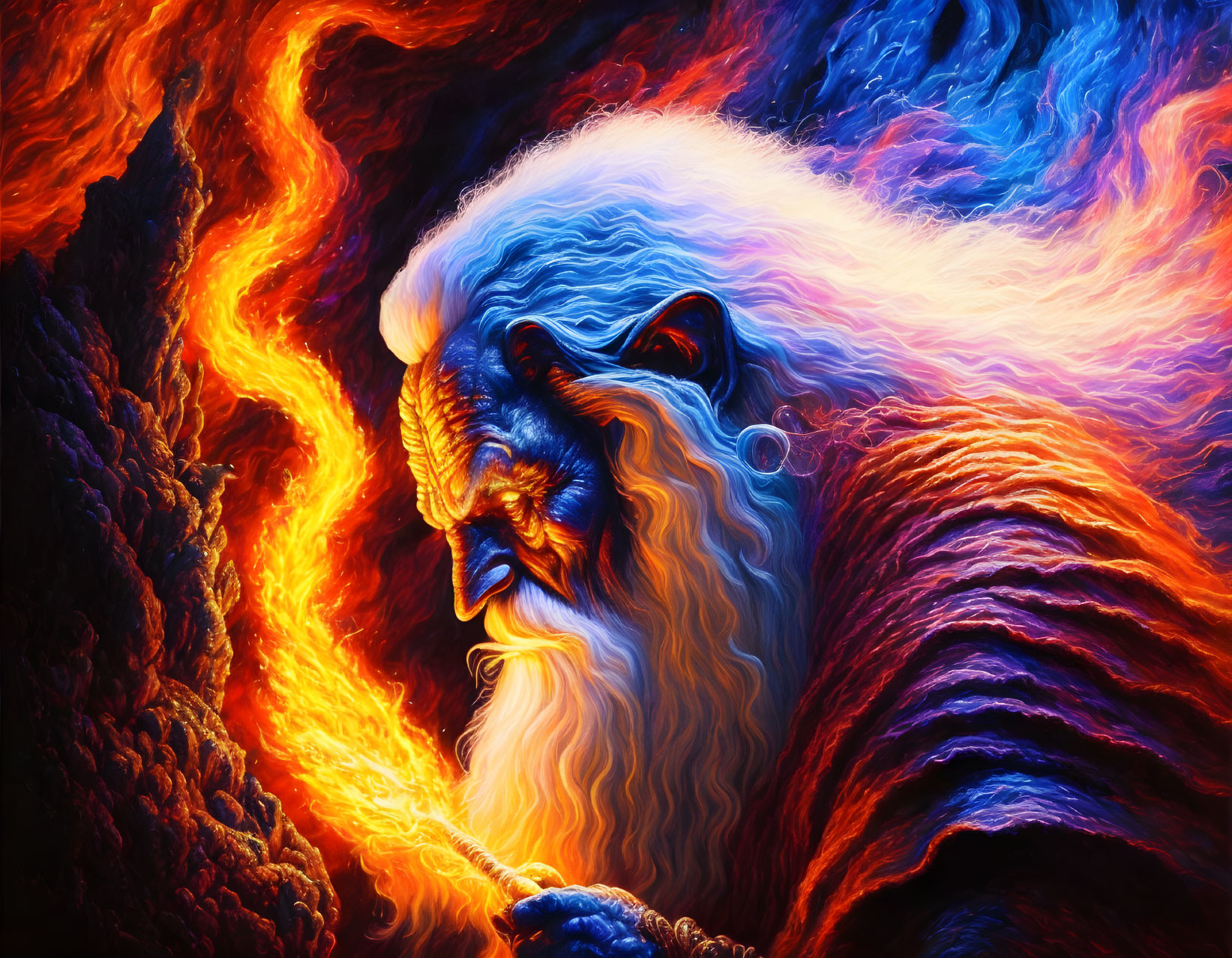 Colorful Mythical Figure with Flowing Beard Emitting Fire on Swirling Background