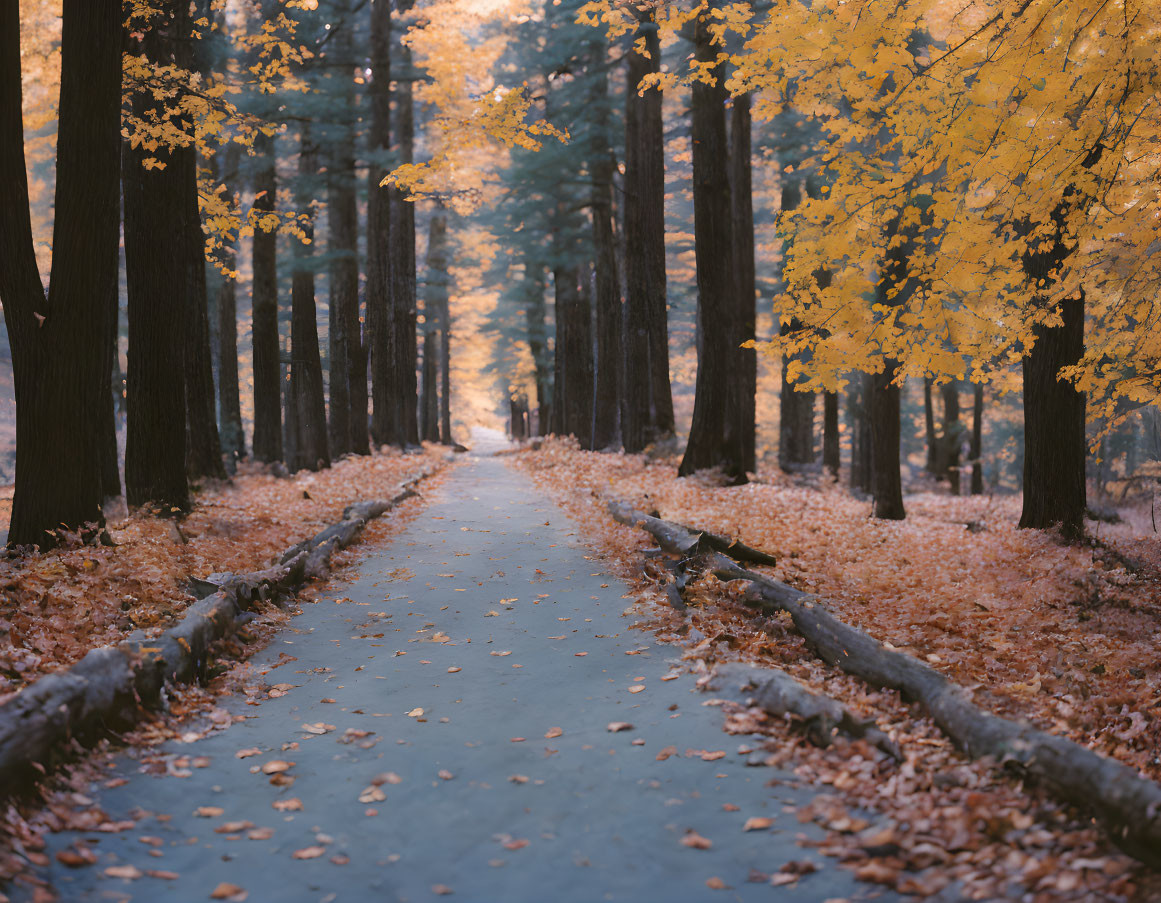 Tranquil autumn pathway with tall trees and fallen leaves