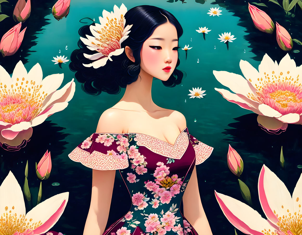 Woman in floral dress with black hair among pink and white lotus flowers on dark green backdrop