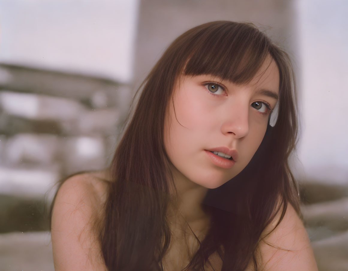 Close-Up Portrait of Woman with Long Brown Hair and Bangs