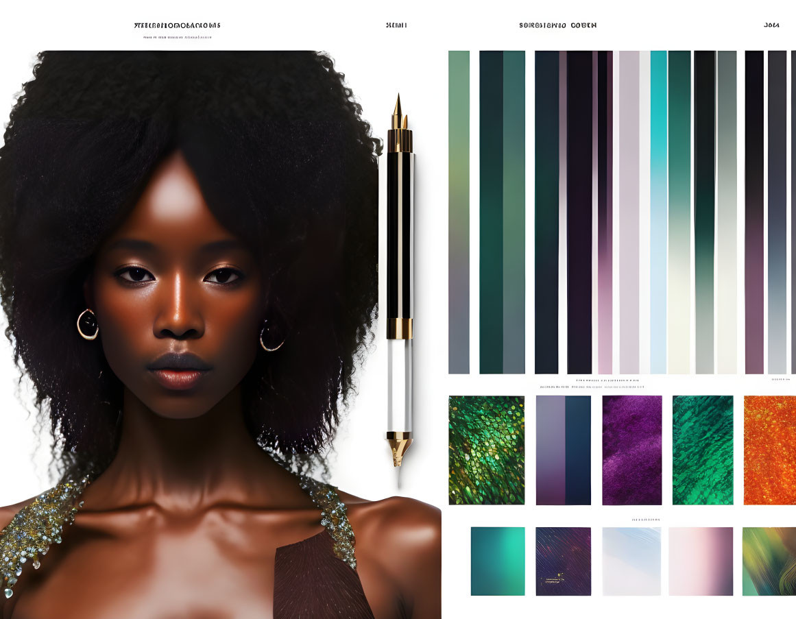 Portrait of woman with black hair and hoop earrings next to color swatches and textures.