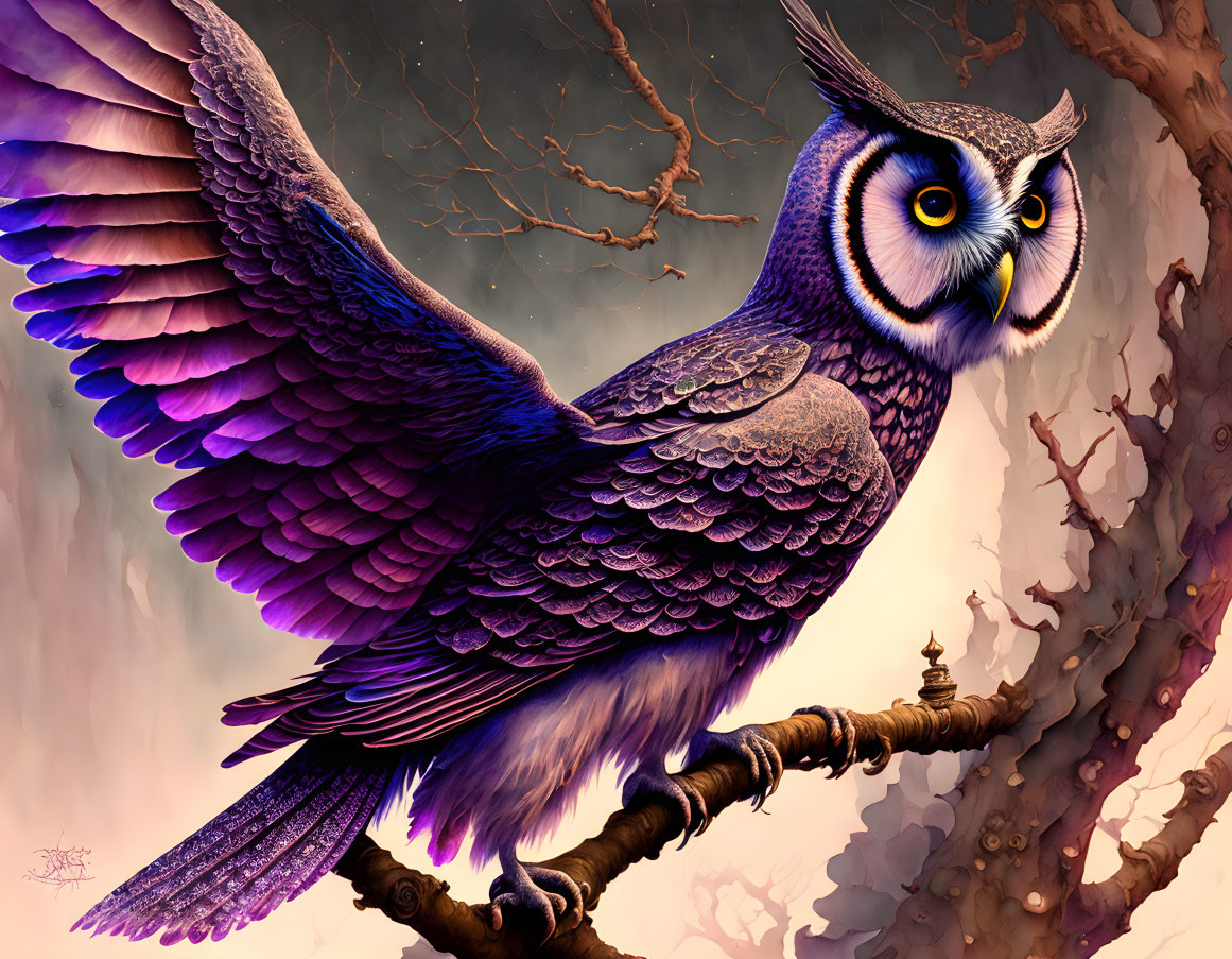 Stylized owl illustration with large expressive eyes on branch, vibrant purple plumage, warm moody